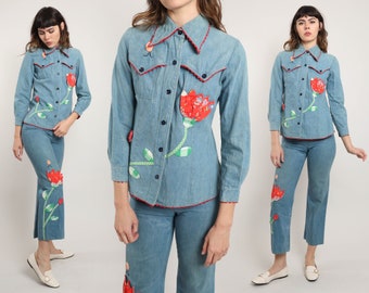 70s DENIM FLORAL pants set XS / Ku Ki Styled By Dickie three dimensional floral applique jeans denim shirt matching jeans set extra small