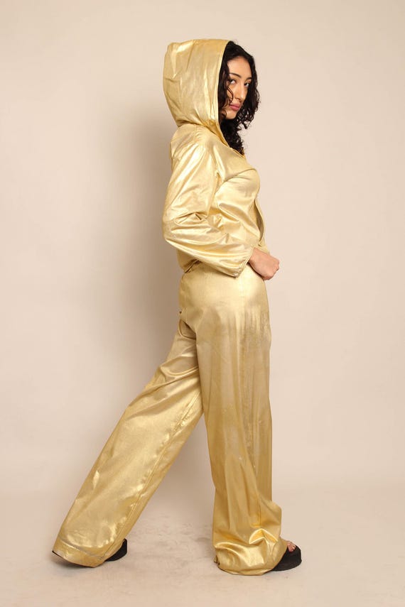 70s Metallic Gold Two Piece Set: Vintage Hoodie, Wide Leg Pants