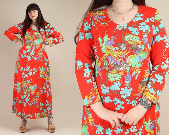 70s NOVELTY PRINT maxi dress XL / red mod floral d