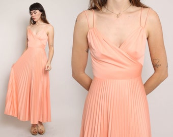 70s GRECIAN DISCO dress XS / pastel orange maxi dress spaghetti strap maxi dress peach grecian dress pleated maxi dress extra small 1970s