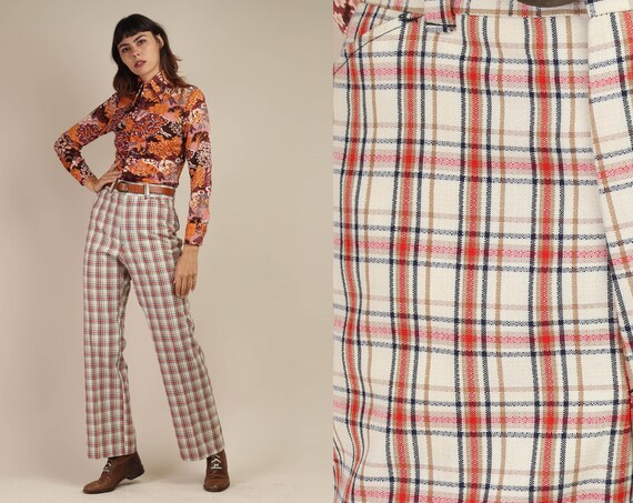 70s LEVI'S PLAID pants L 31 / high waist brown pla