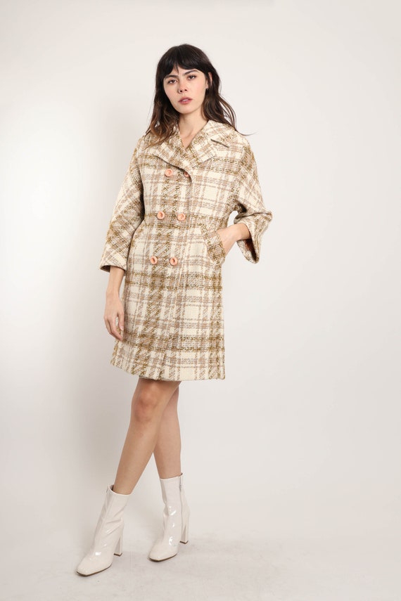 70s PLAID TWEED coat M / brown plaid wool coat do… - image 8