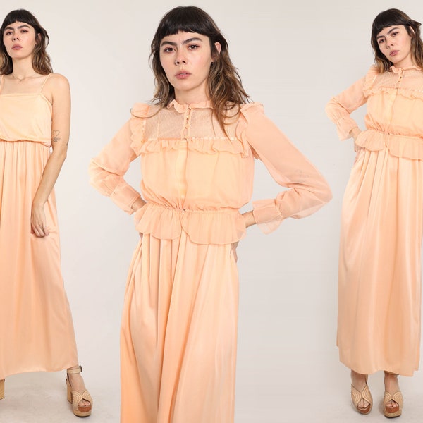 70s PEACH DRESS set XS / passender Zweiteiler viktorianische Spitzenbluse pfirsich Spaghettiträger Diskokleid Abendkleid extra klein 1970er Jahre