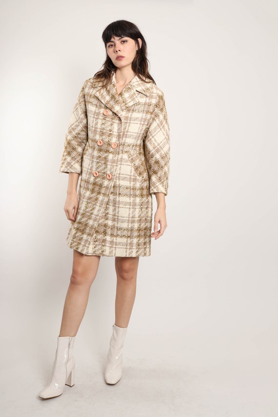 70s PLAID TWEED coat M / brown plaid wool coat do… - image 2