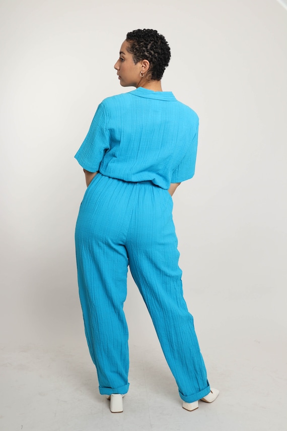 80s BLUE GAUZE jumpsuit M L / saint germain blue … - image 7