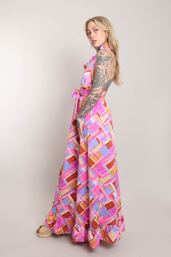 70s PINK MAXI wrap dress S / vivd pink abstract p… - image 4