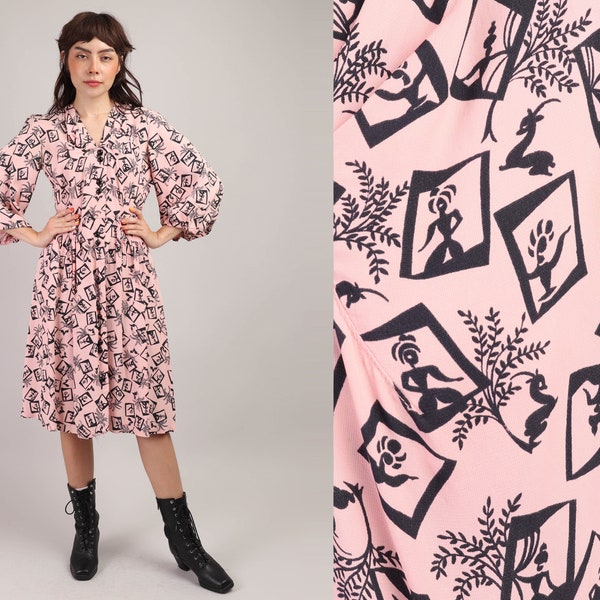 40s PINK NOVELTY PRINT dress xs s / woman in window print deer print animal print Art Deco print rayon dress small extra small 1940s
