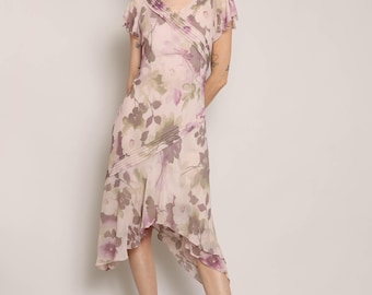 Vestido floral de seda estilo Y2K: Adrianna Papell, color morado con bajo asimétrico, talla S