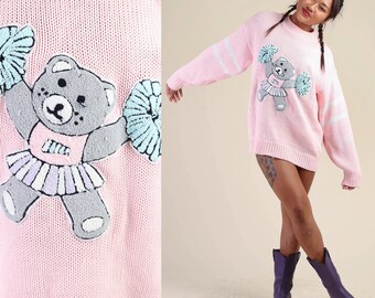 vintage 80s BEAR + CHEERLEADER + POM pom sweater /  pink knit sweatshirt jumper novelty print 1980s 90s 1990s