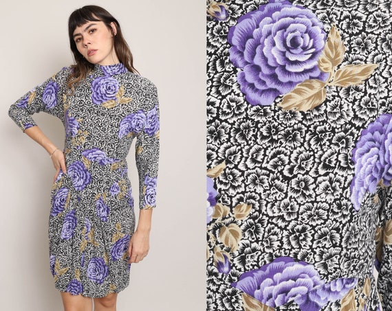 80s PURPLE FLORAL dress S / Ariana purple floral … - image 1