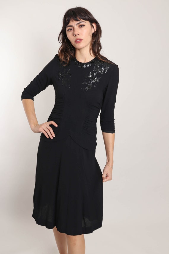 40s CREPE RAYON dress XS / black sequined dress b… - image 5