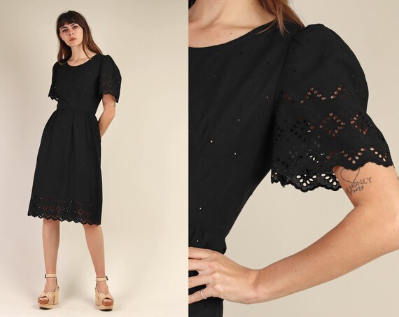 70s BLACK + EYELET LACE dress S / scalloped lace d