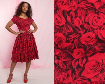 50er Jahre Rote Rose Blumendruck Baumwolle Garten Kleid Kleid Gr.XS