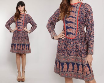 70s BATIK COTTON dress M L / sundeep india cotton dress sun deep block print dress novelty print dress folk print medium large 1970s