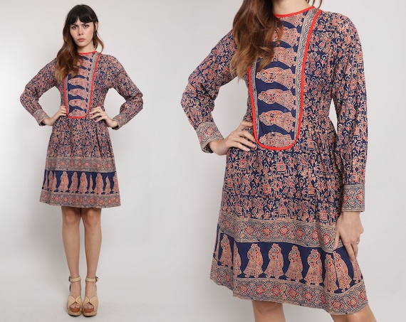 70s BATIK COTTON Dress M L / Sundeep India Cotton Dress Sun Deep  