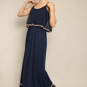 70s chiffon maxi dress Vintage 60s 70s Blue Sheer Chiffon Fairy Maxi Dress Metallic Silver Trim Collar
