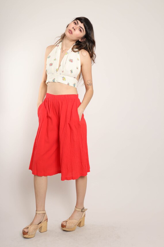 80s GAUZE COTTON gaucho shorts S / Amy Jess red wide … Gem