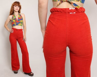 Pantalones CORDUROY BELL BOTTOM de los años 70 xs 24 25 cintura / Rumble Seats de Wilkins pantalones de campana de pana roja pantalones de pana rojos extra pequeños de la década de 1970