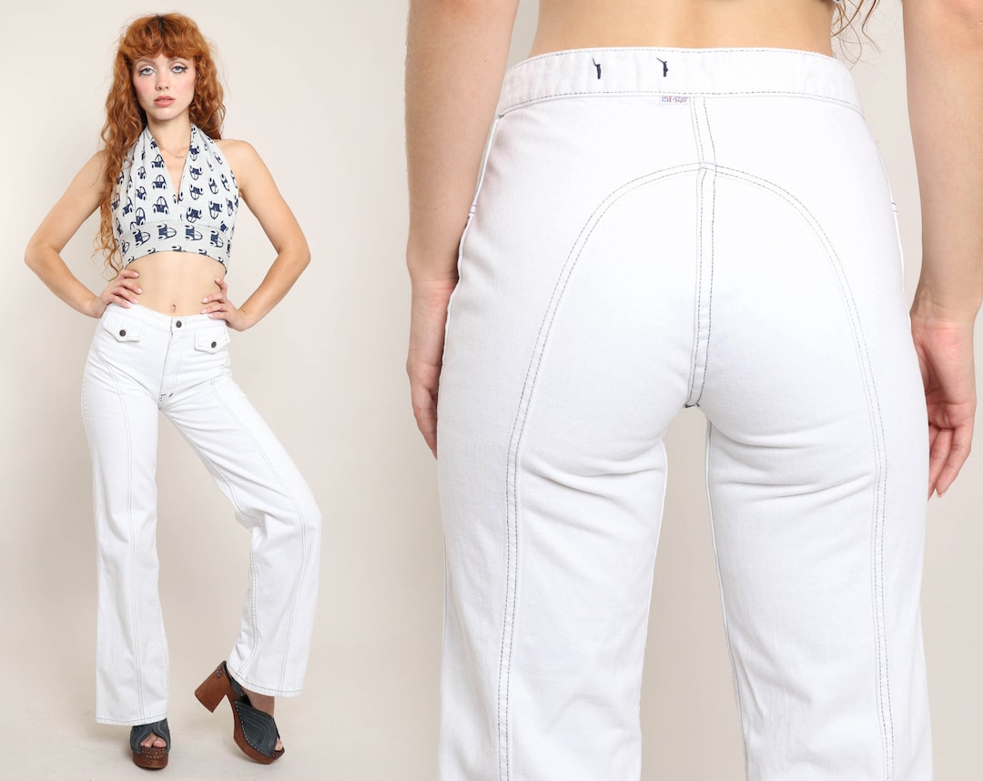 70s SADDLEBACK Bell Bottoms 25 XS / Love N Stuff White Bell Bottoms Saddleback Stitching Bell