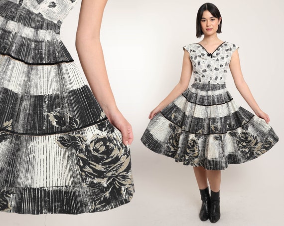 50s BLACK ROSE print dress XS / black and white b… - image 1