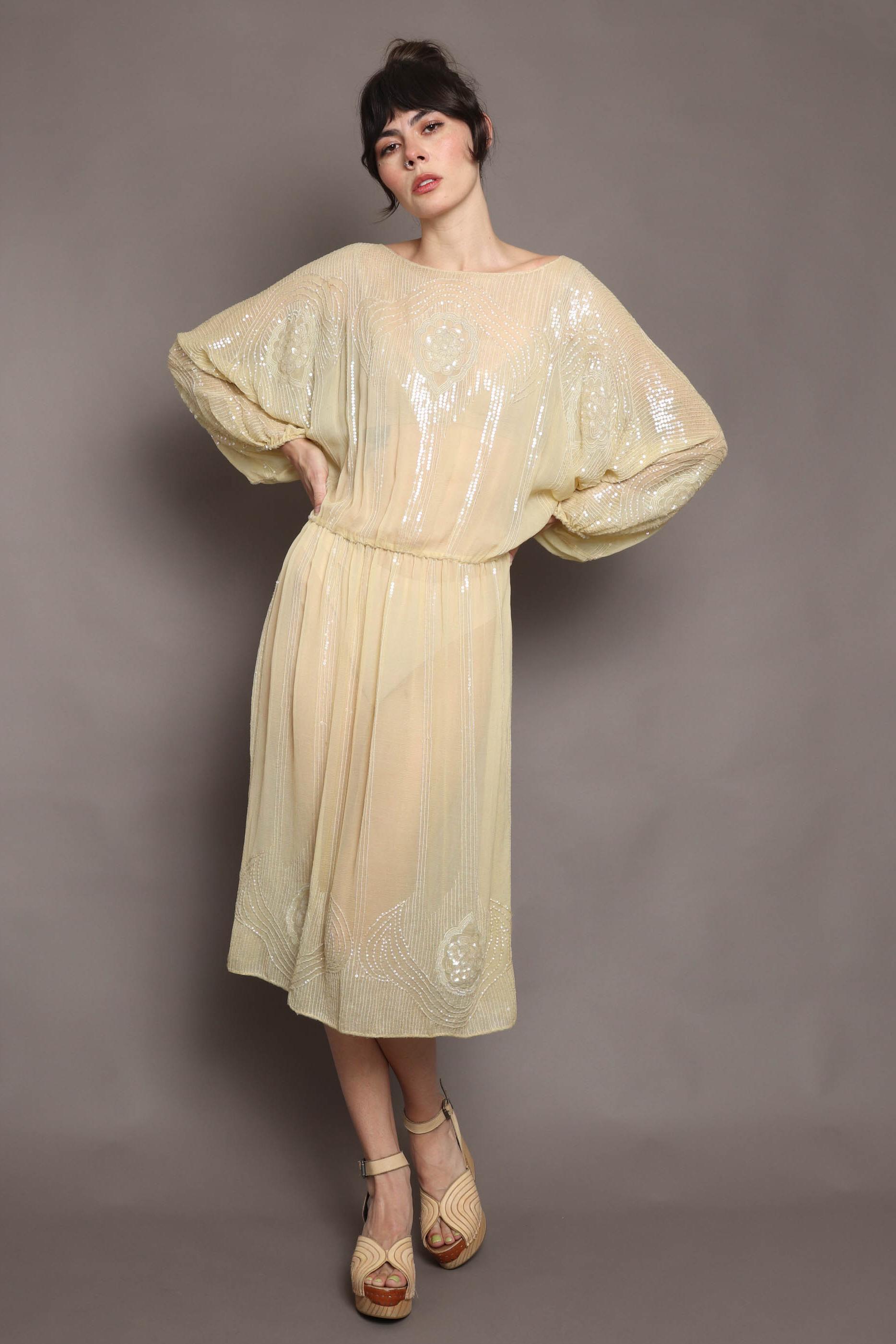 70s Sequined Silk Dress: Dolman Batwing Sleeve Art Deco Boho Midi