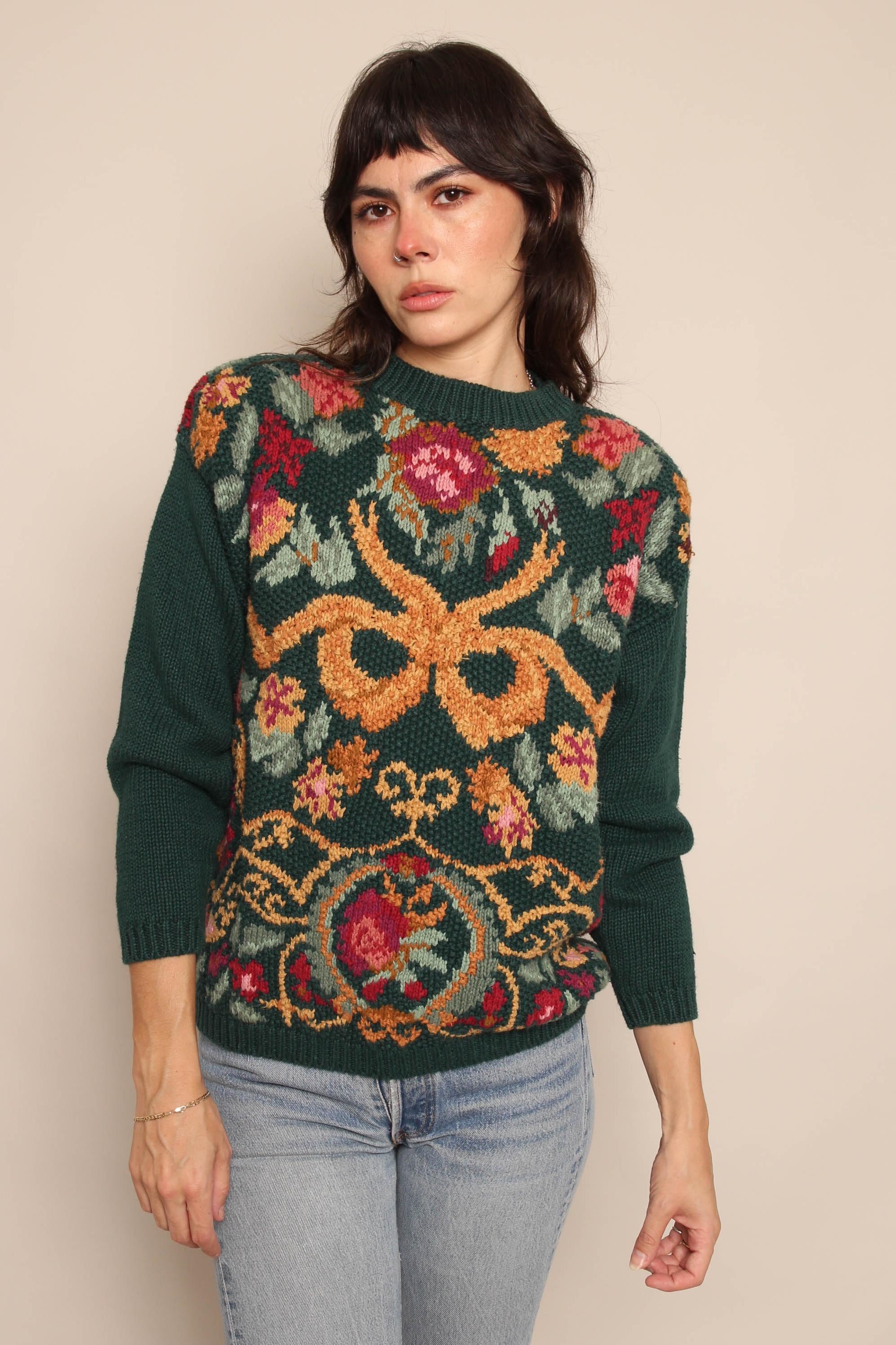 90s Floral Bow Knit Sweater - Rachel Max Cotton Ramie Pullover 