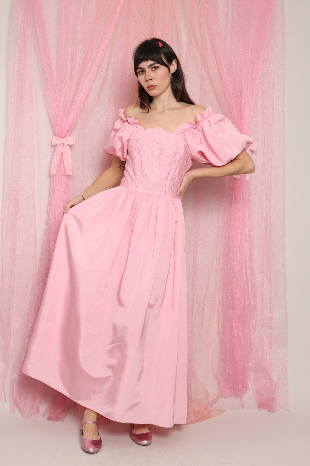 1980s Mignon Fuchsia Taffeta Dress with Sequined Bodice