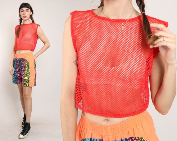 80s RED MESH shirt XS S M / red sleeveless fishtn… - image 1