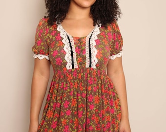 00s Brown Floral Babydoll Mini Dress: Cottage Core Lace Trim, Size S