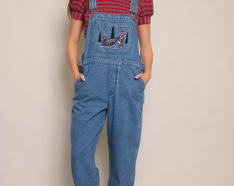 Y2K テディベアオーバーオール：ヴィンテージクリスマスプリントジーンズ、サイズ M L