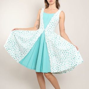 50s TEAL FLORAL dress XS / Taffy’s Of California cotton sun dress scalloped lace applique dress fit and flare dress extra small 1950s 60s