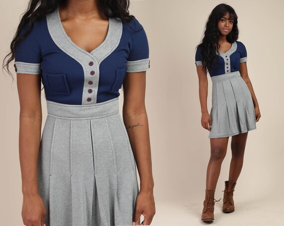 70s TWO TONE dress XS / mod mini dress accent pock