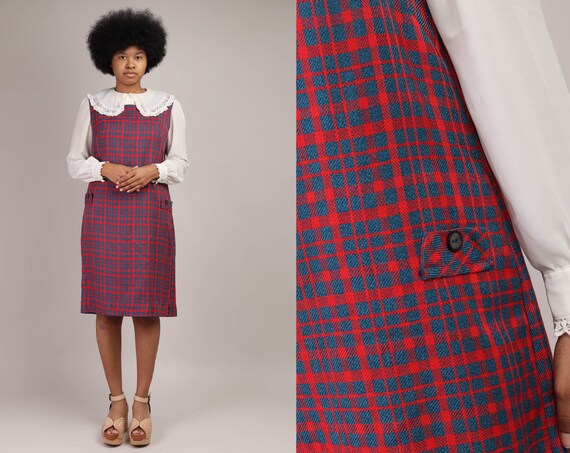 70s PLAID PINAFORE Dress L / Blue and 