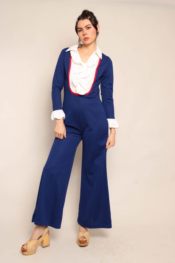70s JC Penney Blue Tuxedo Bell Bottom Jumpsuit Size M L