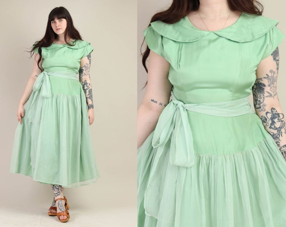 50s MINT GREEN dress XL / chiffon dress peter pan