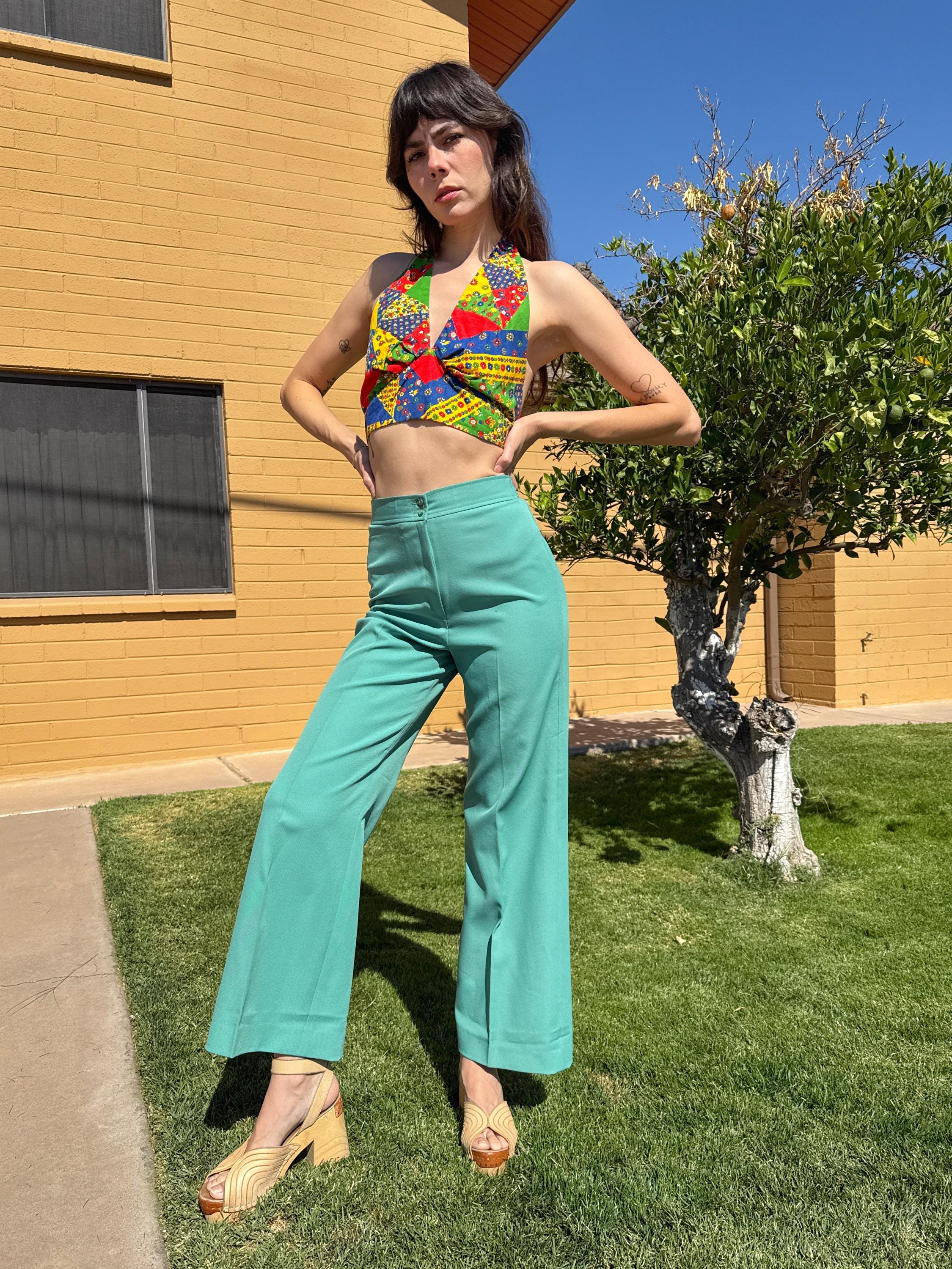 70s Green Bell Bottom Pants: High Waist Mod Disco Style, Size S, image size:2250x3000