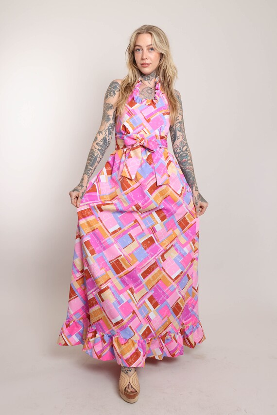 70s PINK MAXI wrap dress S / vivd pink abstract p… - image 2