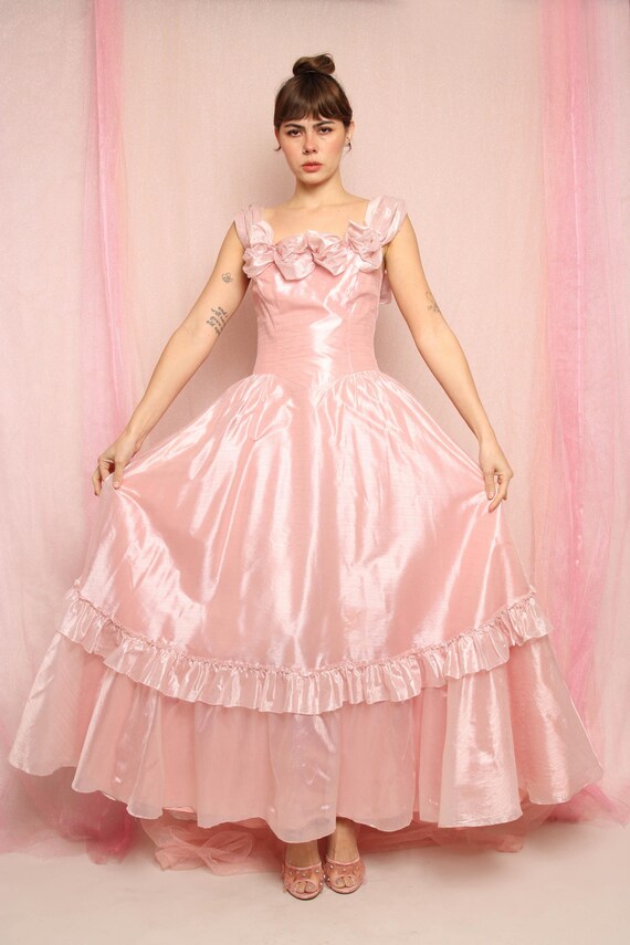 80s Pink Organza Chiffon Party Dress, Size S M - image 2