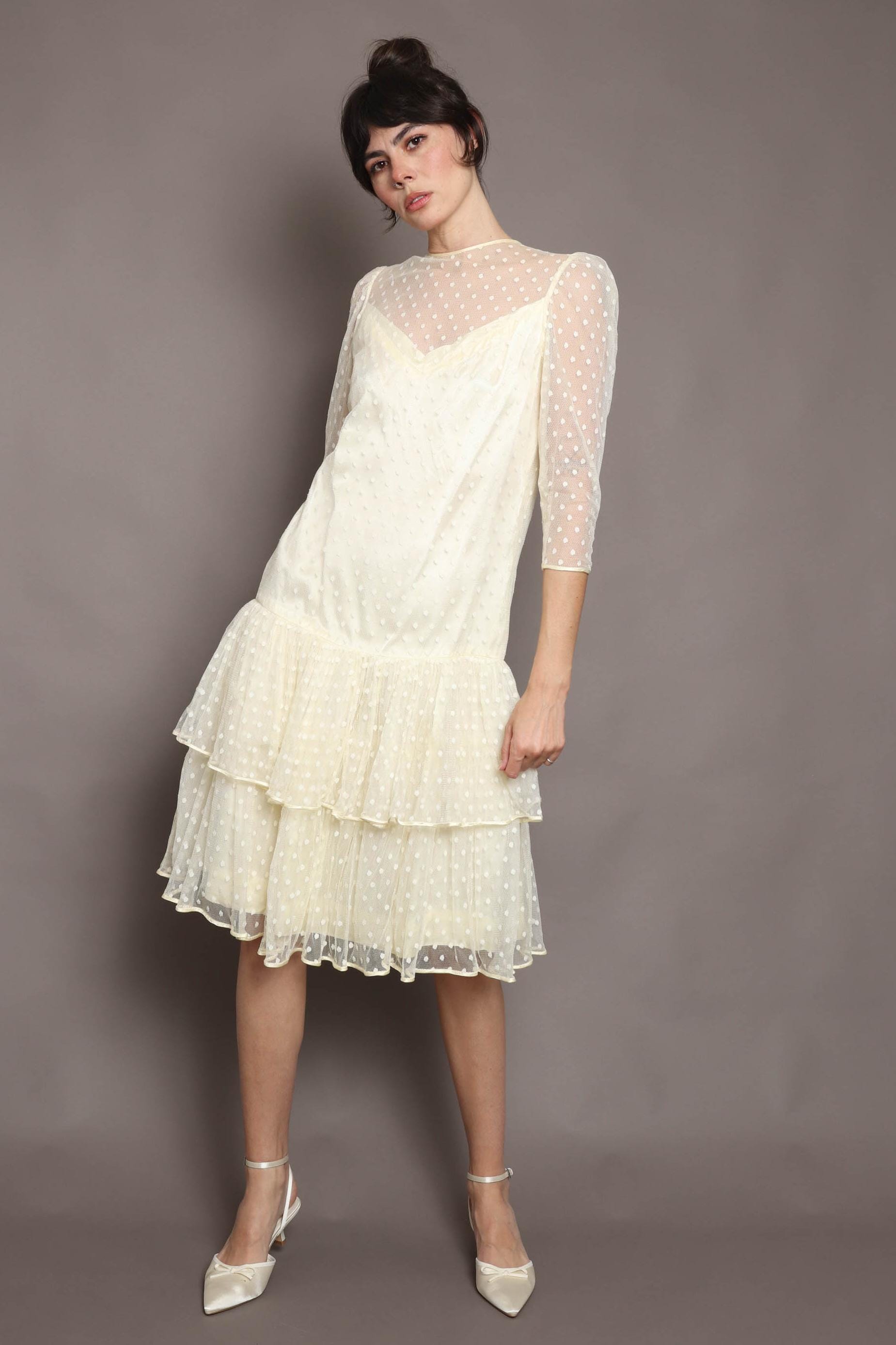 80s SWISS DOT Tulle Dress S M / 1980s Drop Waist Dress Cream Tulle