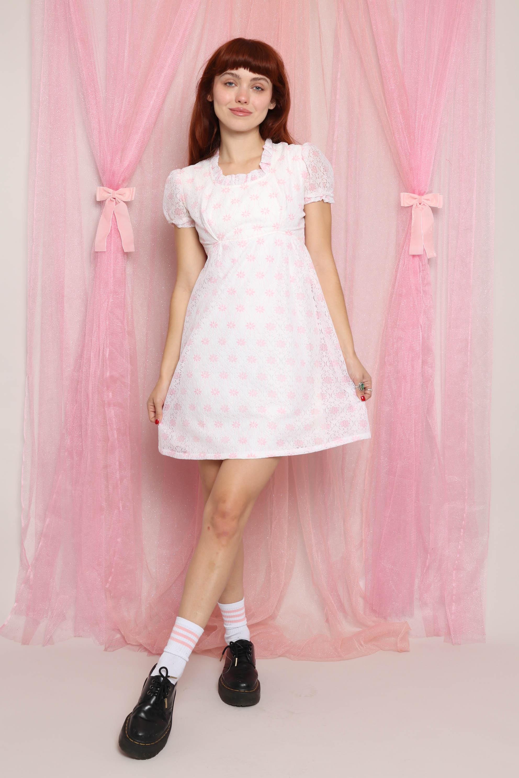 70s Pink Floral Lace Babydoll Mini Dress, Size XS - Etsy