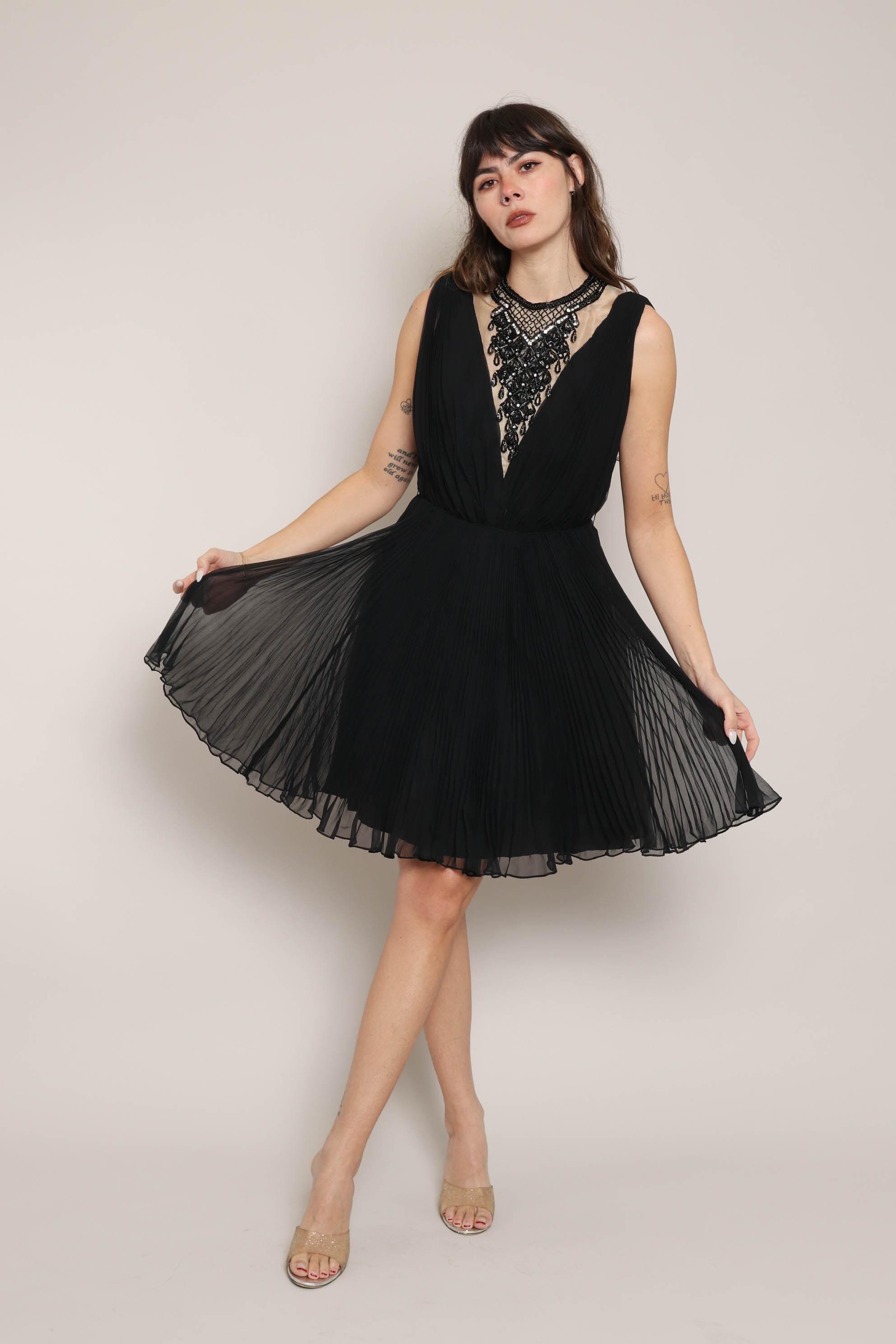 60s JACK BRYAN pleated chiffon dress S M / 1960s Jack Bryan black dress illusion lace dress beaded cocktail dress chiffon party dress medium
