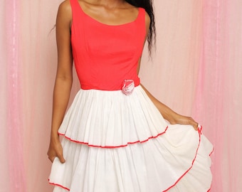 60s Red Tiered Tank Dress With Rosette Rose, Size S S