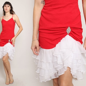 80s TIERED CHIFFON dress S / red crinkle dress red spaghetti strap dress red cocktail party dress ruffle skirt dress small 1980s 90s 1990s
