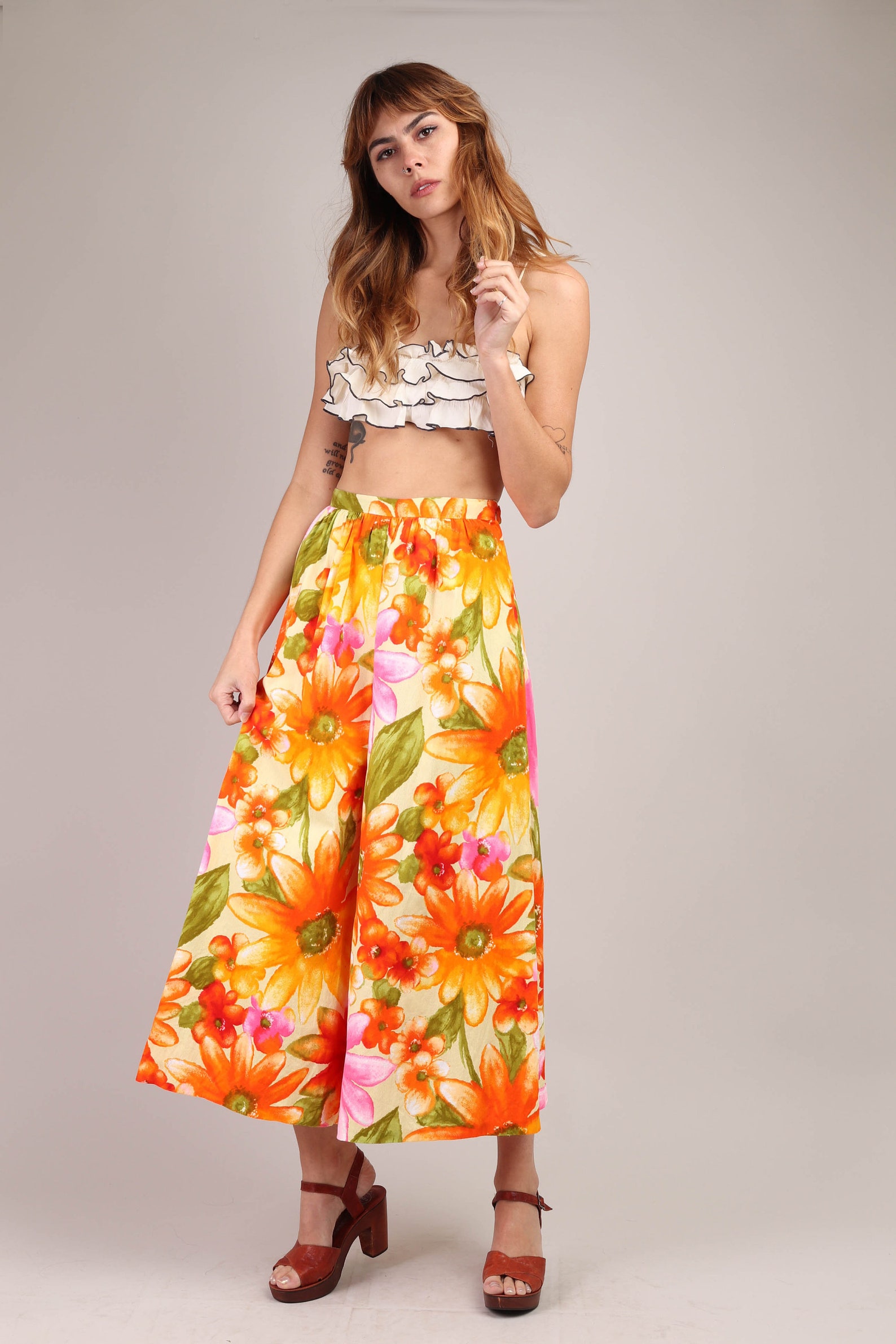 70s FLORAL GAUCHO Pants XS / High Waist Wide Leg Floral Pants | Etsy