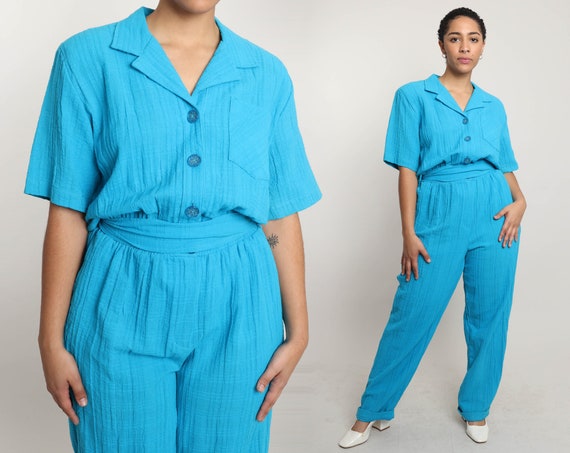 80s BLUE GAUZE jumpsuit M L / saint germain blue … - image 1