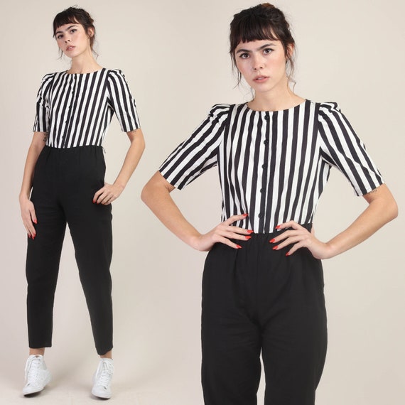80s Black White Striped Jumpsuit Xs S Fitted Cotton Button Etsy