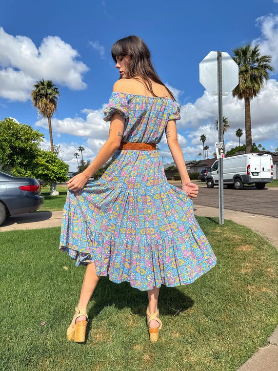 70s Floral Peasant Dress: Blue Patchwork Maxi Dre… - image 6