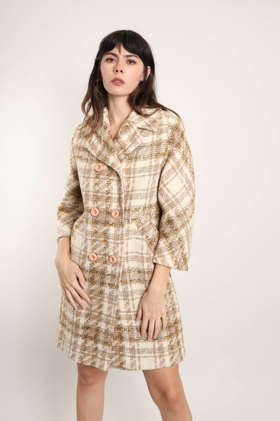 70s PLAID TWEED coat M / brown plaid wool coat do… - image 5