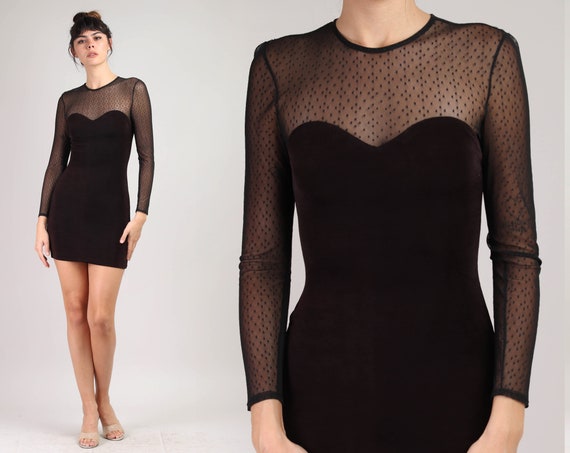 90s MESH SWEETHEART dress S / black bodycon mini d