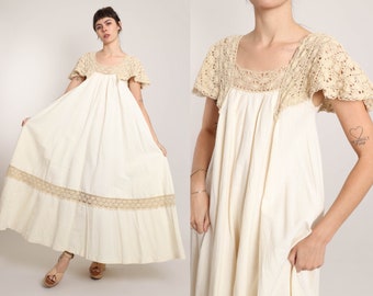 70s TIPICANO COTTON dress S / cream cotton maxi dress with crocheted lace mexican crocheted dress hippie tent dress trapeze small 1970s